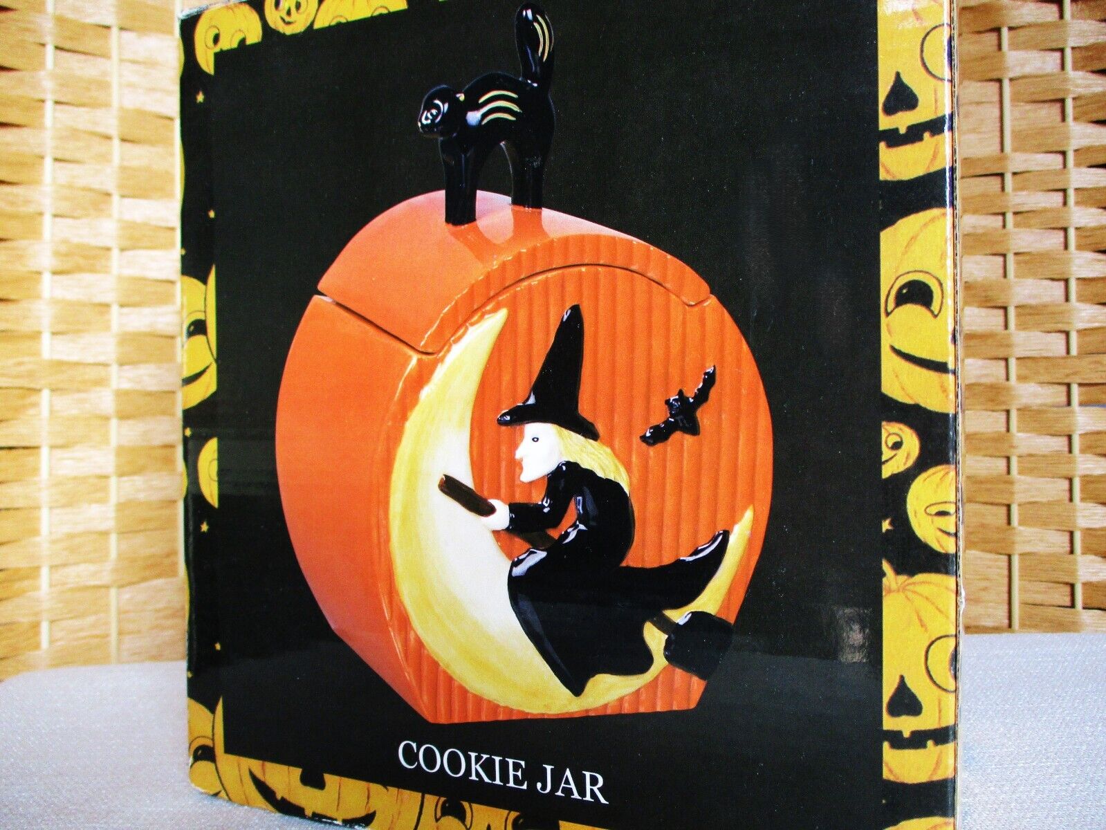 Vintage Cracker Barrel Witch Moon Black Cat on Lid Halloween Orange Cookie Jar
