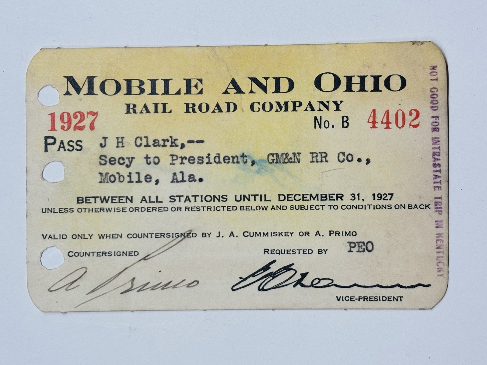 VINTAGE RAILWAY PASS: 1927 - MOBILE AND OHIO RAILROAD - J. H. Clark VINTAGE RAILWAY PASS: 1927 - MOBILE AND OHIO RAILROAD - J. H. Clark