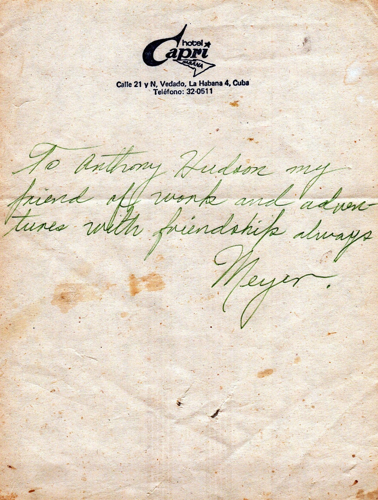 RARE 1958 Capri HAVANA HOTEL MEYER LANSKY SIGNED AUTOGRAPH MOBSTER MAFIA 535