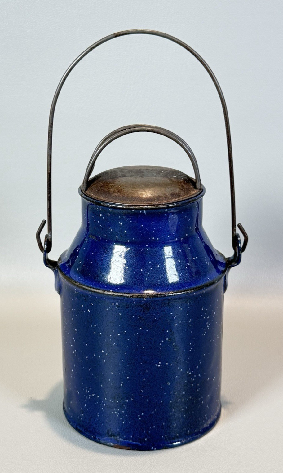 Graniteware Cream Can Cobalt Blue Speckled Wire Handle Tin Lid 6\