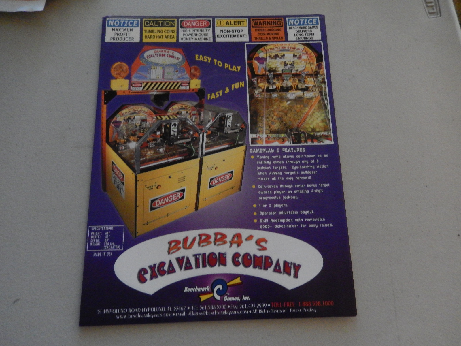 nos original vinatage BUBBA\'S EXCATION COMPANY benchmark  arcade game flyer