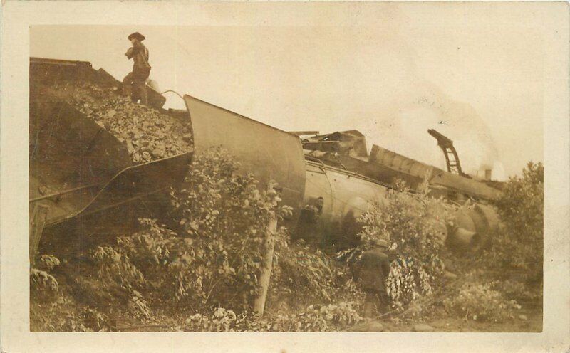 Aftermath C-1910 Railroad Train Wreck Disaster Locomotive RPPC Postcard 3496