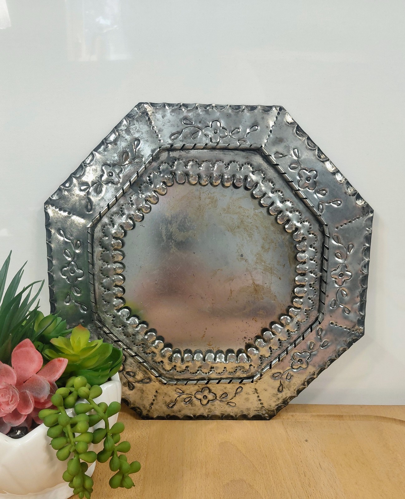 Vintage Mexican Punched Tin Frame Octagon Hand Tooled Floral Folk Art Hecho en M