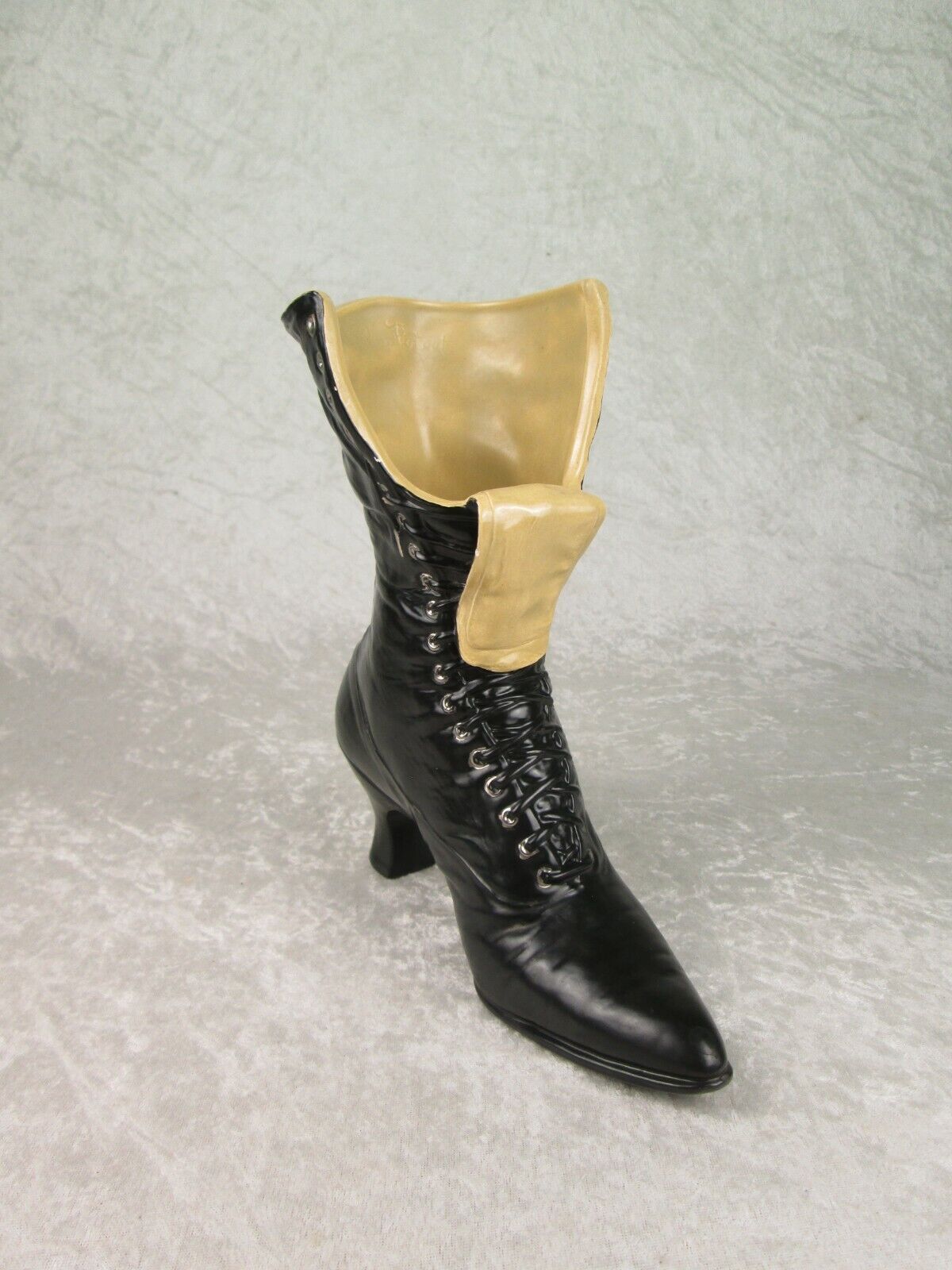 Ceramic Victorian Boot Shoe Vase Planter Pottery Black Tan 9-1/2 inches Tall