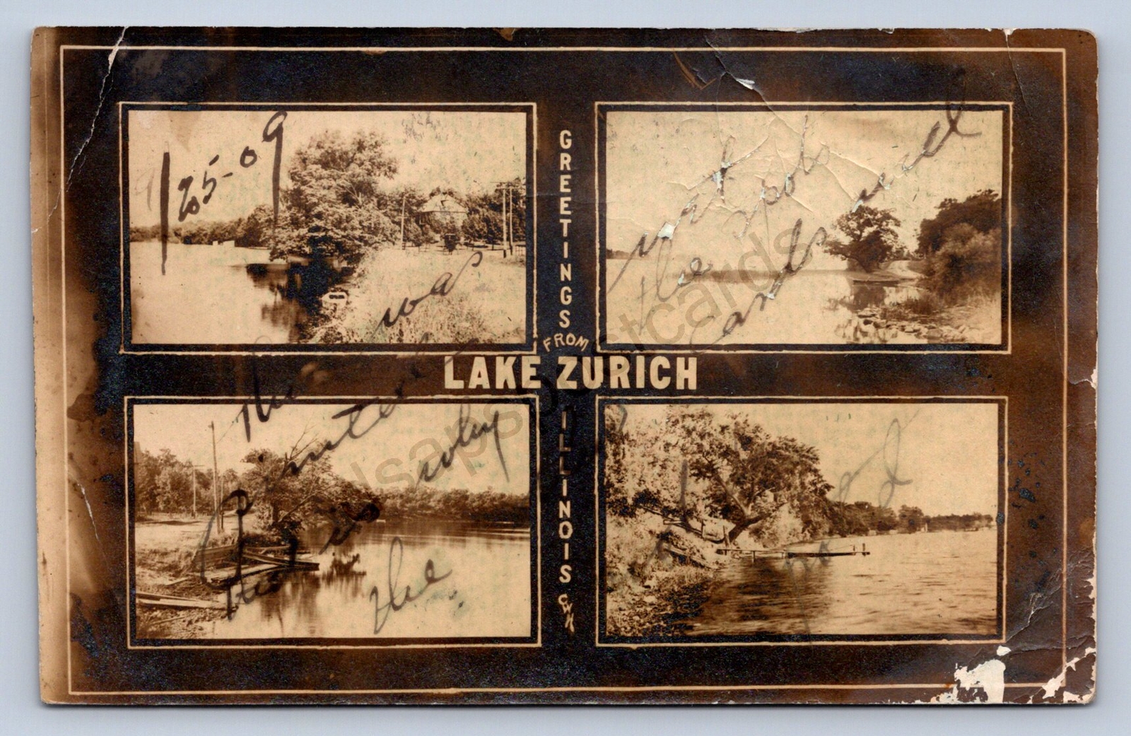 K7/ Lake Zurich Illinois RPPC Postcard c1910 4View Boats Greetings 7
