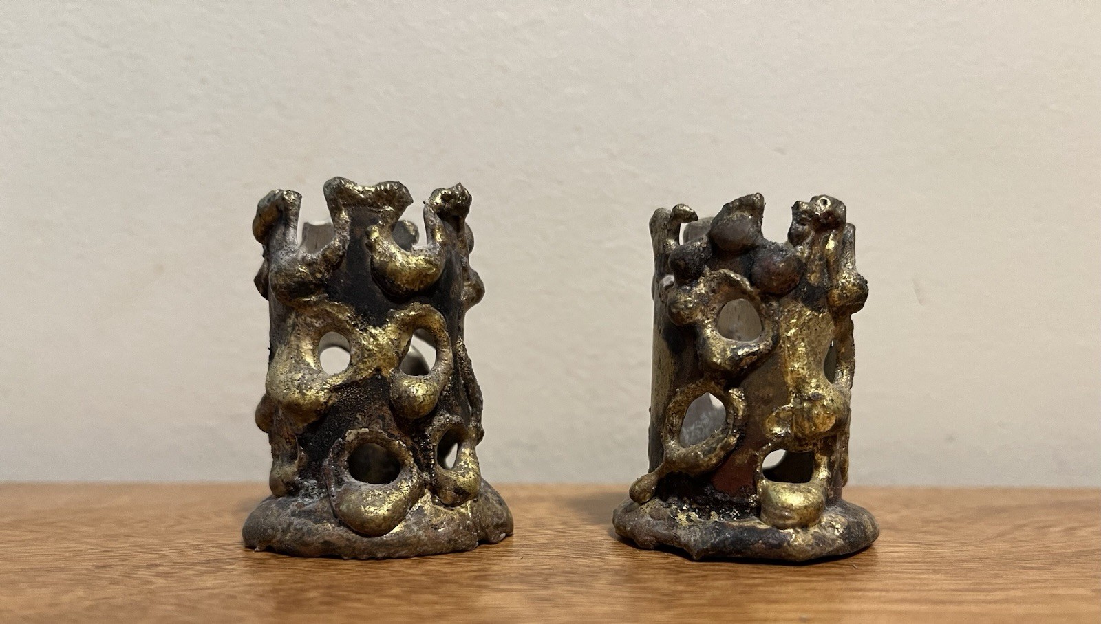 Vintage MCM Brutalist Design Metal Candle Holders Set Of 2 Signed