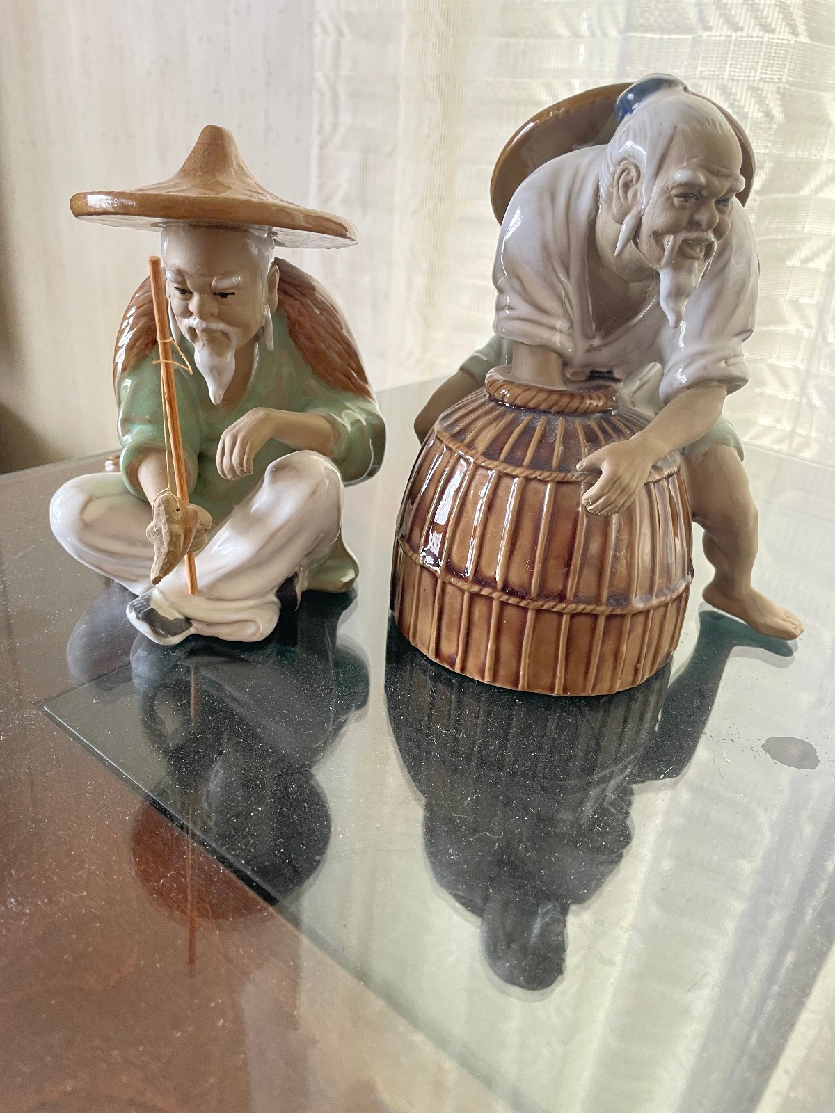 TWO Oriental Mud Fisherman Figurine Chinese Man Fishing 5.5\