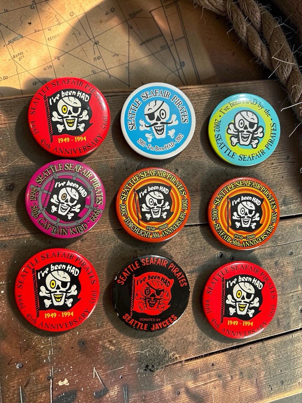 Vintage Seattle Seafair Pirates Pinback Button Lot of 9 45th 50th Anniversary