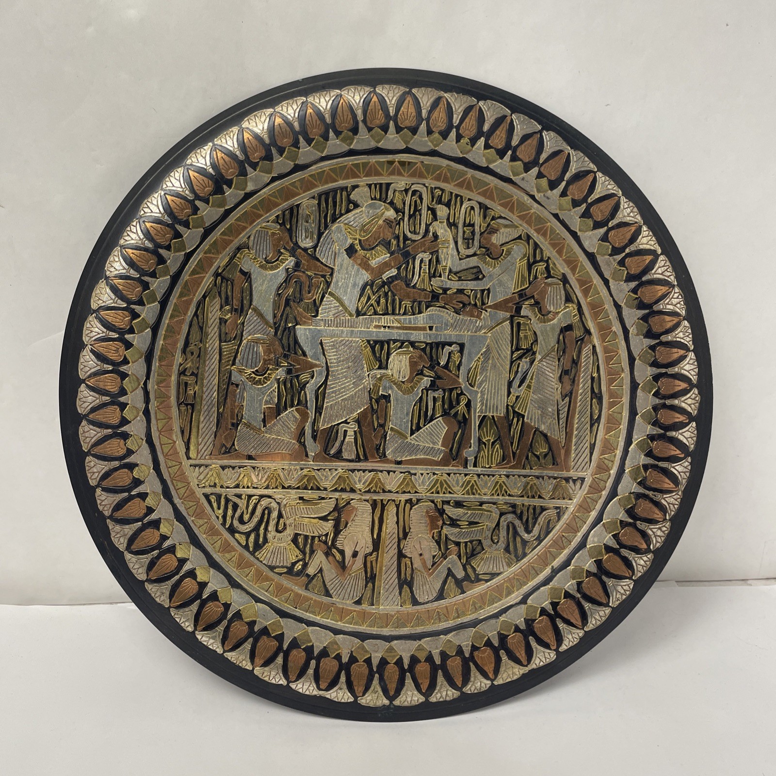 Unique Vintage Egyptian Etched Copper, Plate/ Wall Hanging Plaque