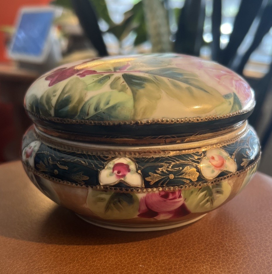 Vintage Hand Painted Nippon Porcelain Dresser Jar floral Vanity Powder Jar 