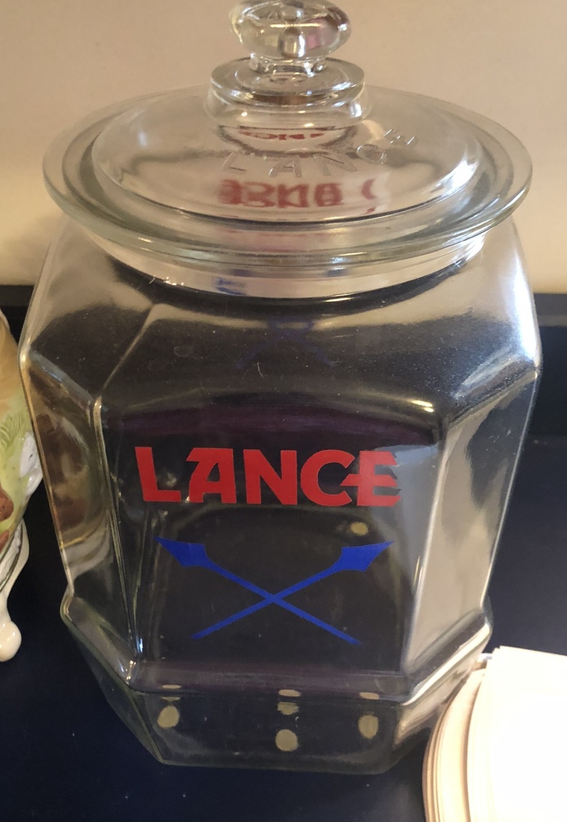 VTG 1940's LANCE Cracker/Cookie Jar Large 8-Sided 13”  w/Glass Lid 