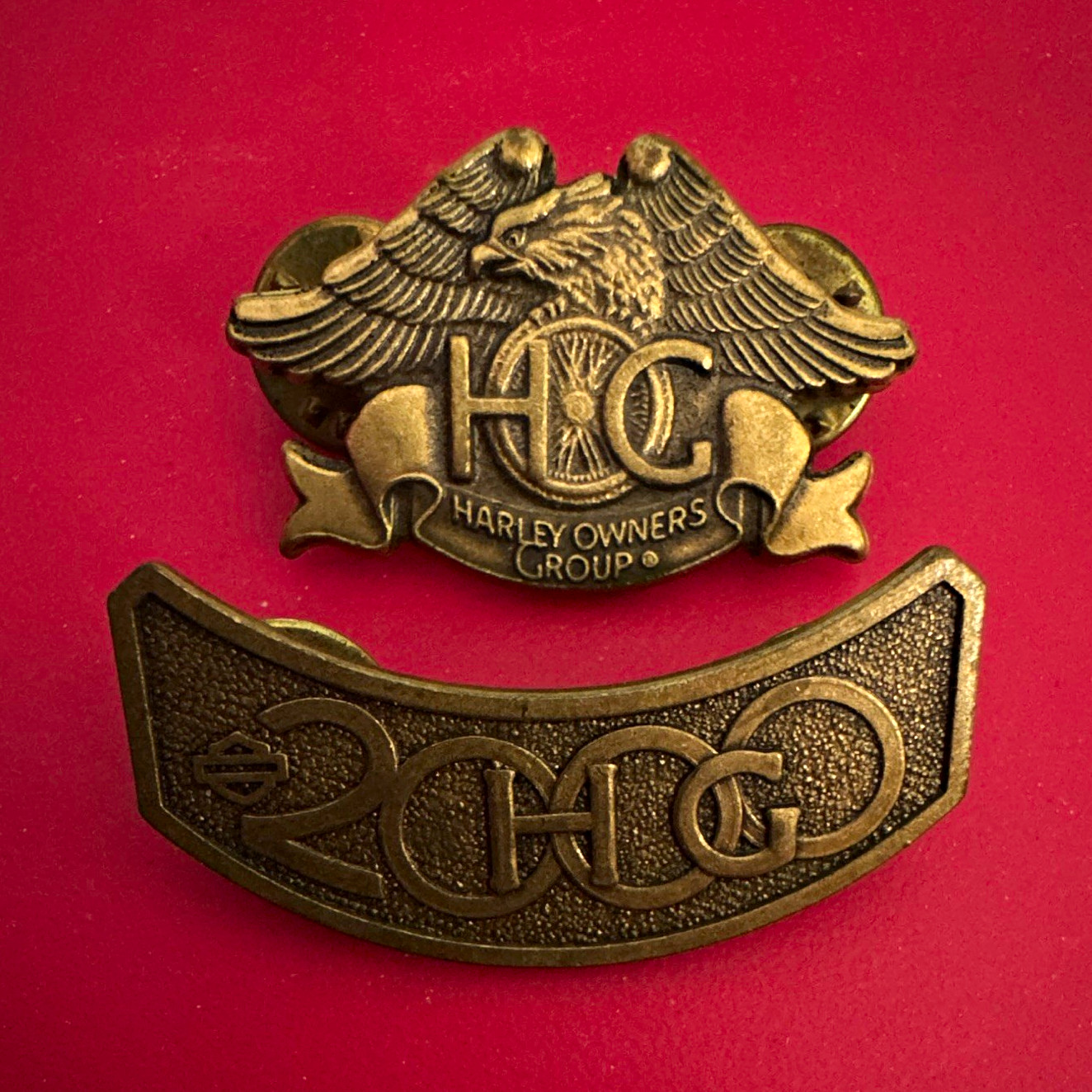 Harley-Davidson H.O.G. Harley Owners Group 1993 Bronze Tone Pin Set Lot of 2
