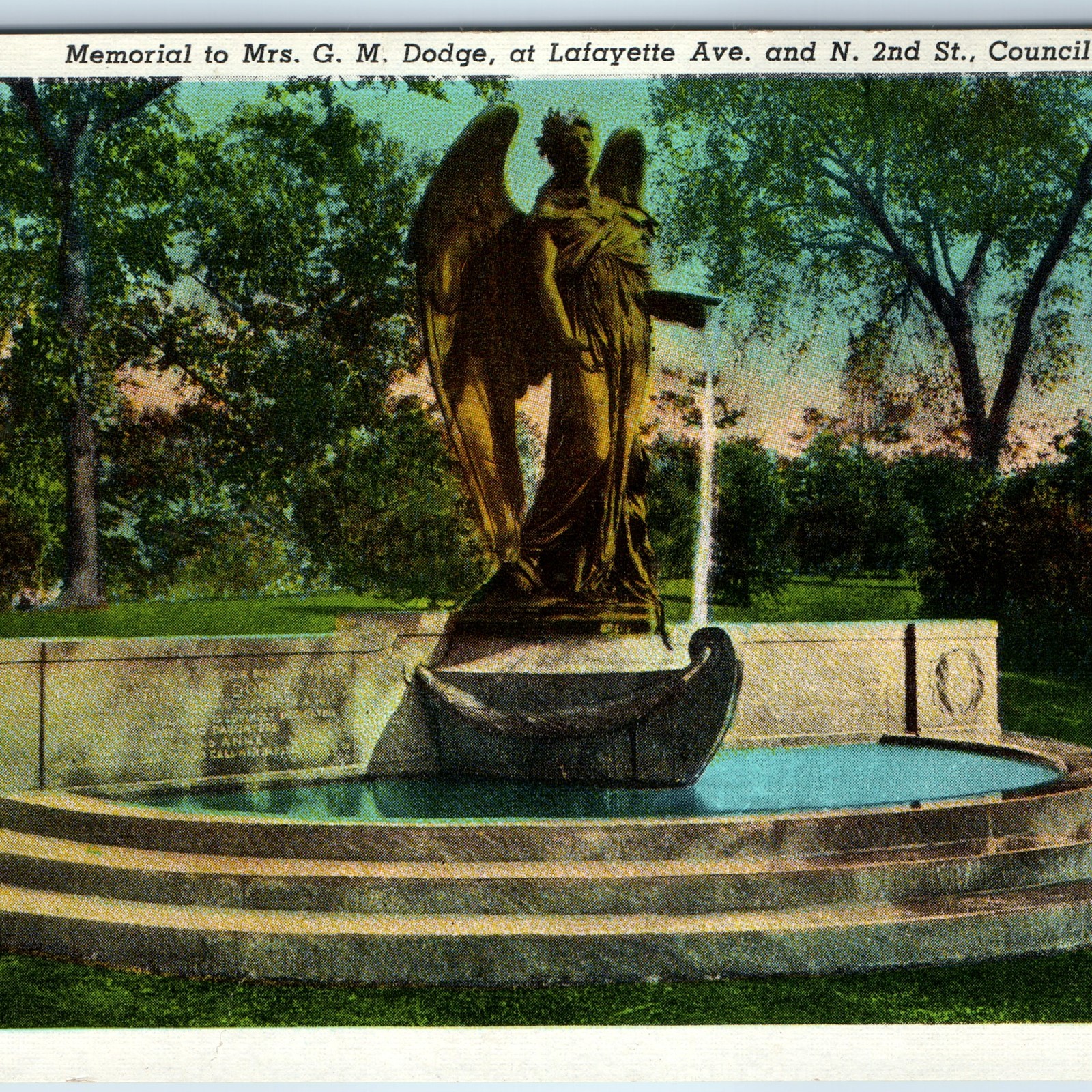 c1920s Council Bluffs IA Mrs. GM Dodge Memorial Postcard Angel Fountain Statue c1920s Council Bluffs IA Mrs. GM Dodge Memorial Postcard Angel Fountain Statue