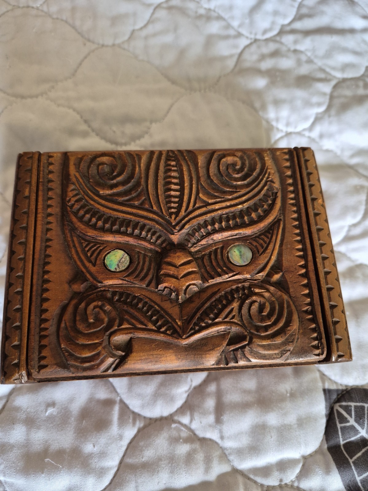 Vintage Maori Carved Wooden Box with Paua Eyes NZ