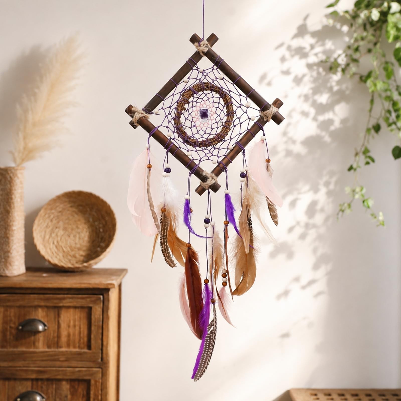 Boho Rattan Dream Catcher with Peacock Feathers - Rustic Wall Decor Art for Bedr