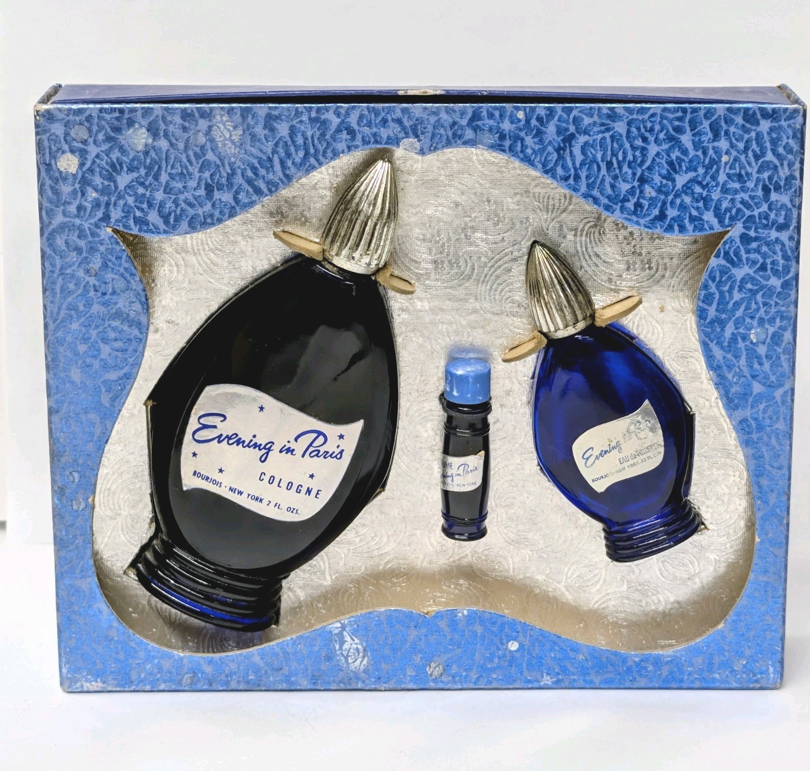 Vintage Bourjois Evening In Paris Set~Cologne Cobalt Blue Glass Perfume Bottles Vintage Bourjois Evening In Paris Set~Cologne Cobalt Blue Glass Perfume Bottles