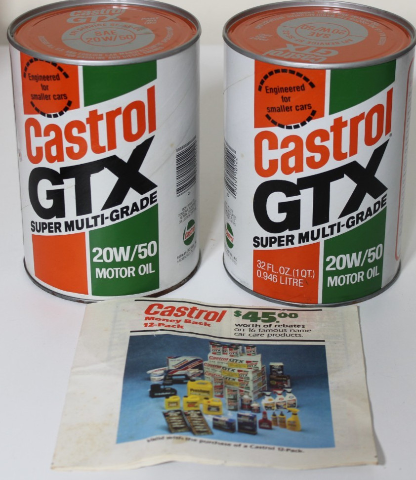 2 Vintage Castrol GTX Super Multi-Grade Oil Can Cardboard 1 Quart 10w/40 USA