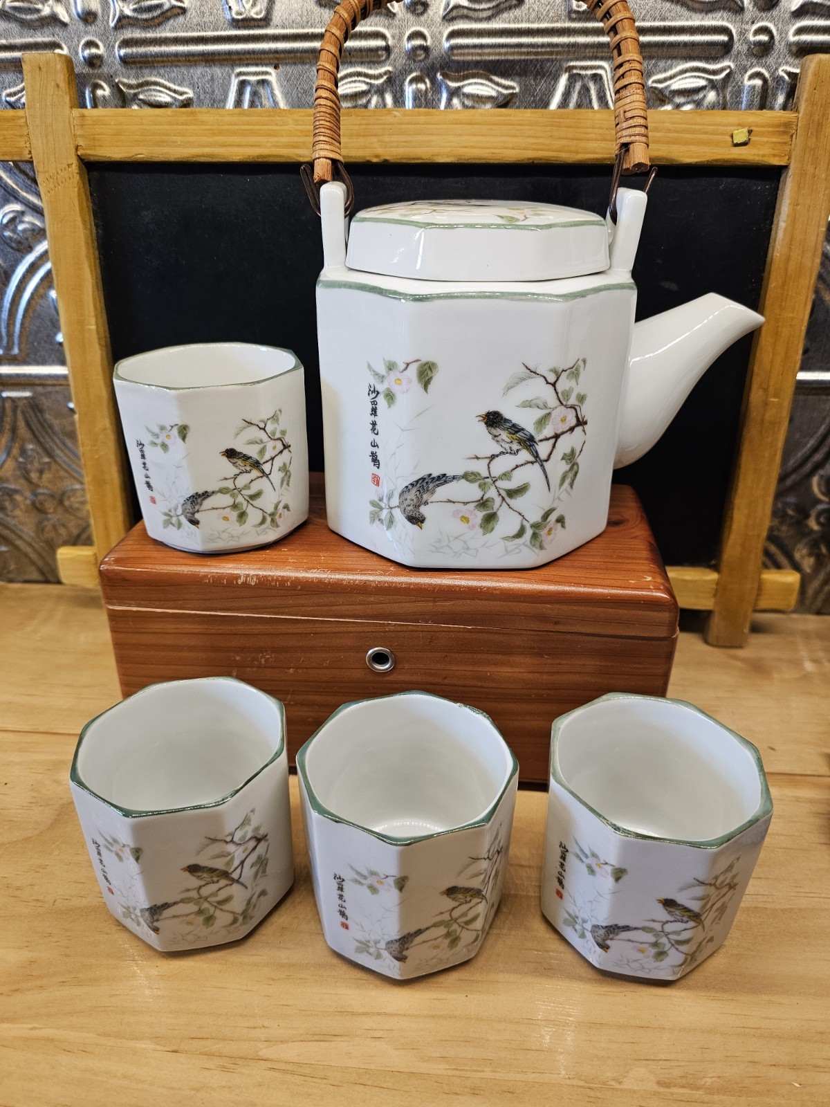 Vintage Japan Octagon Shaped Tea Pot W/ 4 Cups, Birds, Floral, Wicker Handle