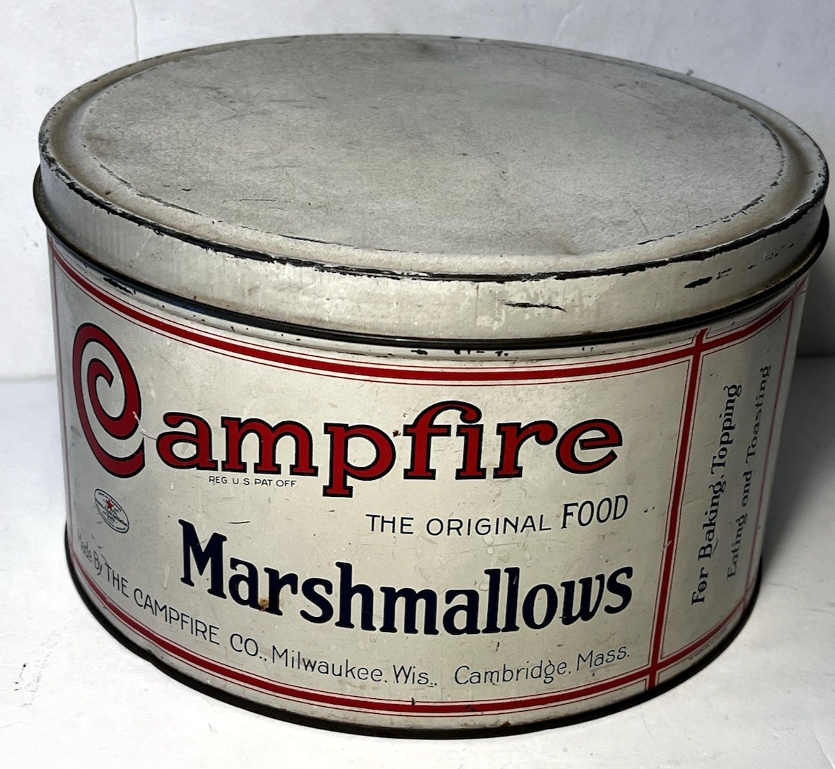 Large 1920-30s Antique CAMPFIRE MARSHMALLOWS 5 Lb TIN Milwaukee WI Vintage NICE