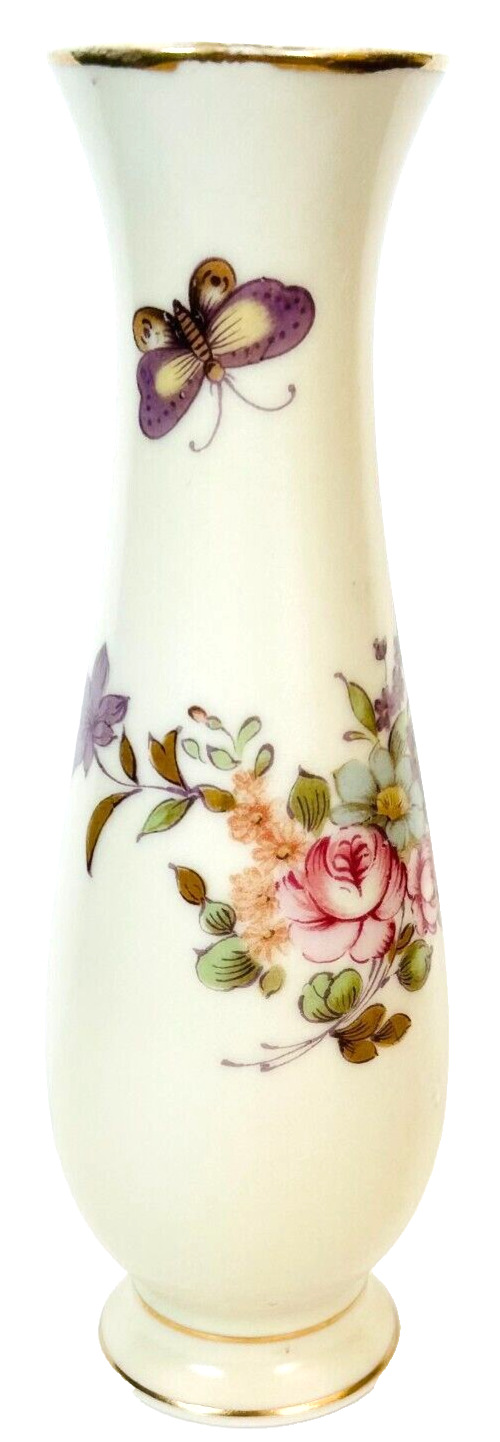 Vintage Lefton Japan Porcelain Bud Vase Butterfly Flowers Gold Trim 8in Tall