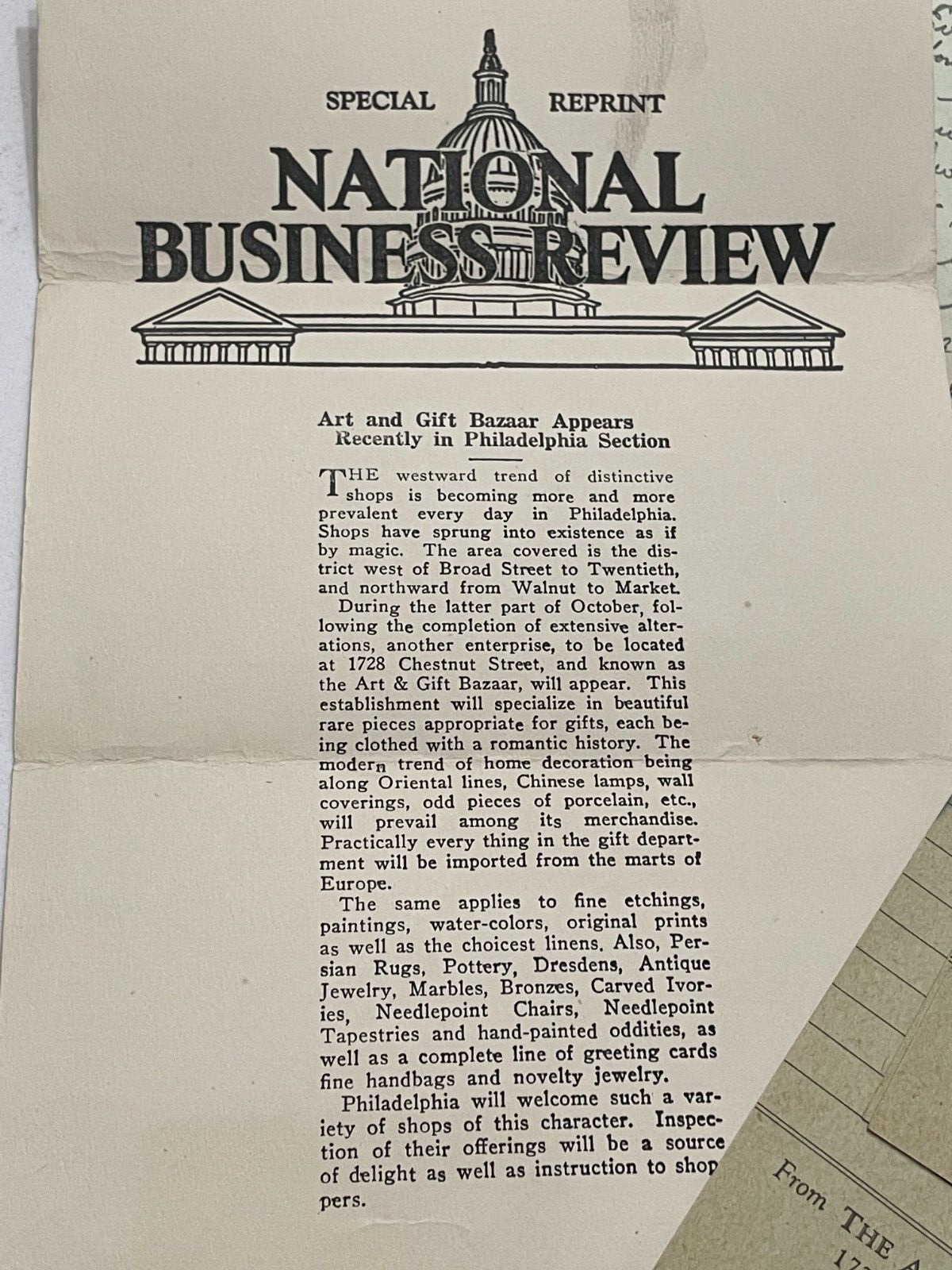 Vintage Press Release re: The Art & Gift Bazzar Philadelphia Gif Shop 1928