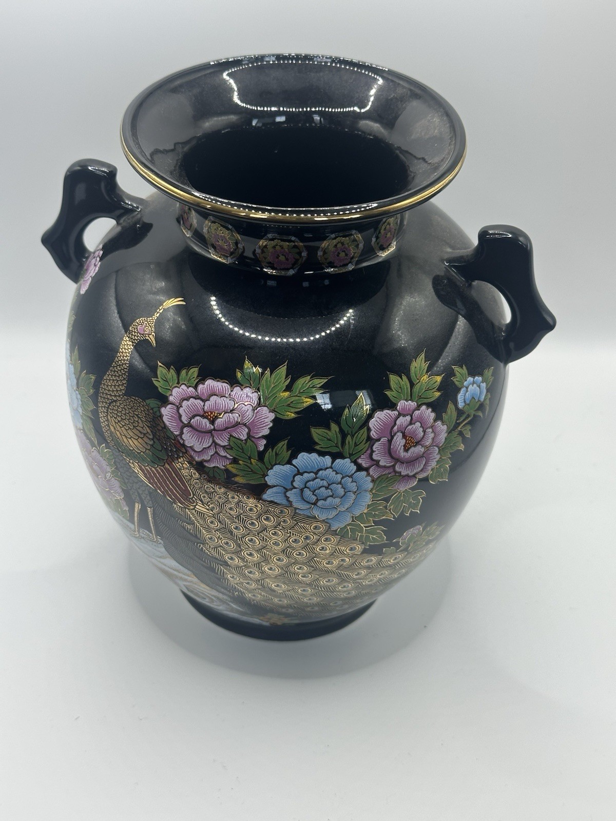 Elegant Black Porcelain Vase with Golden Peacock and Floral Motif
