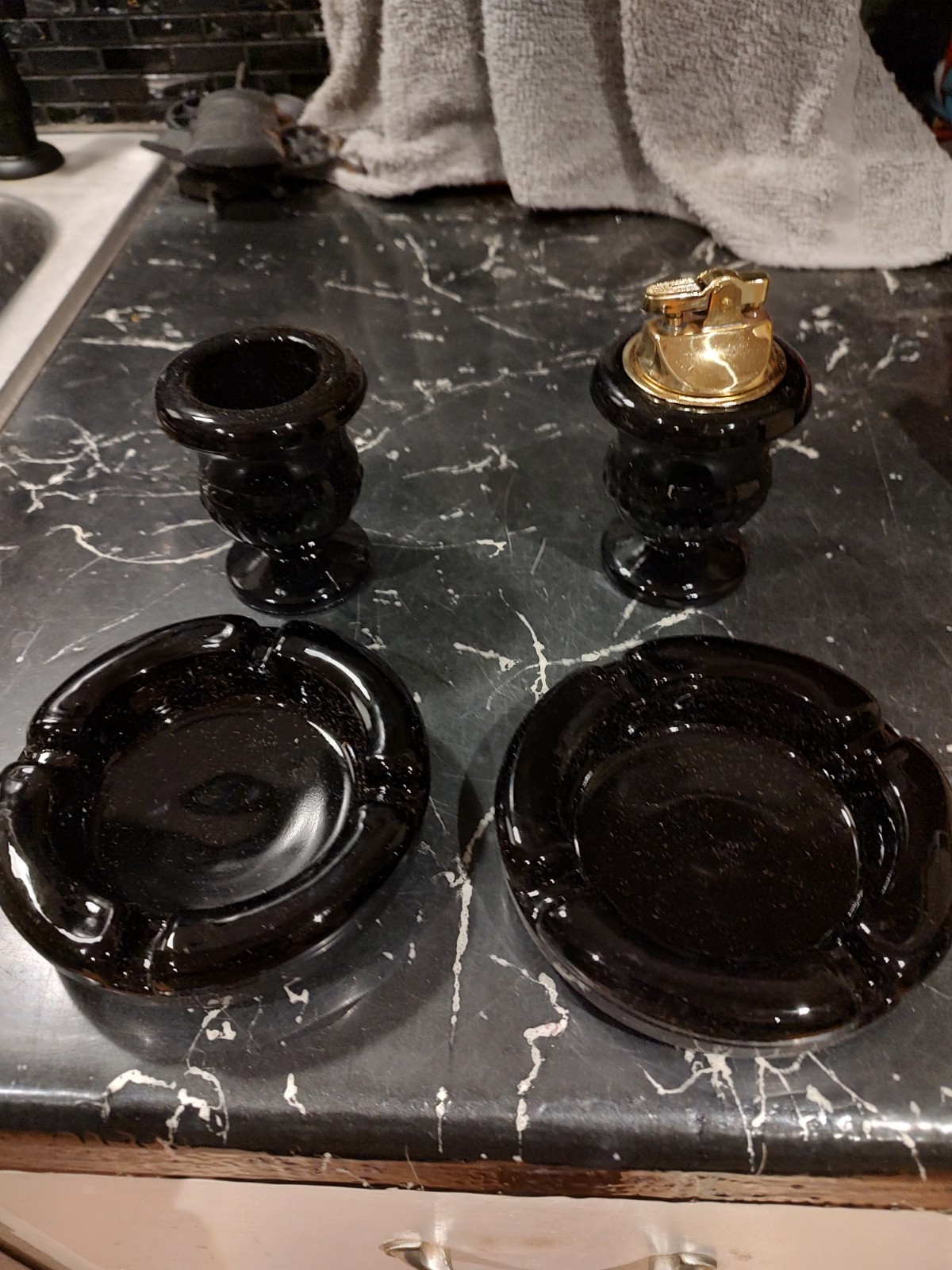Vintage Tiara Black Glass Smoking Set Desk Lighter, Cigarette Holder, & Ashtrays