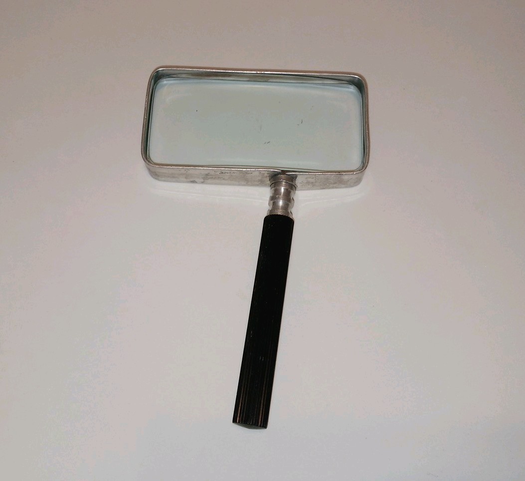 Vintage Rectangular Magnifying Glass Metal Frame Black Handle Desk Made In Japan