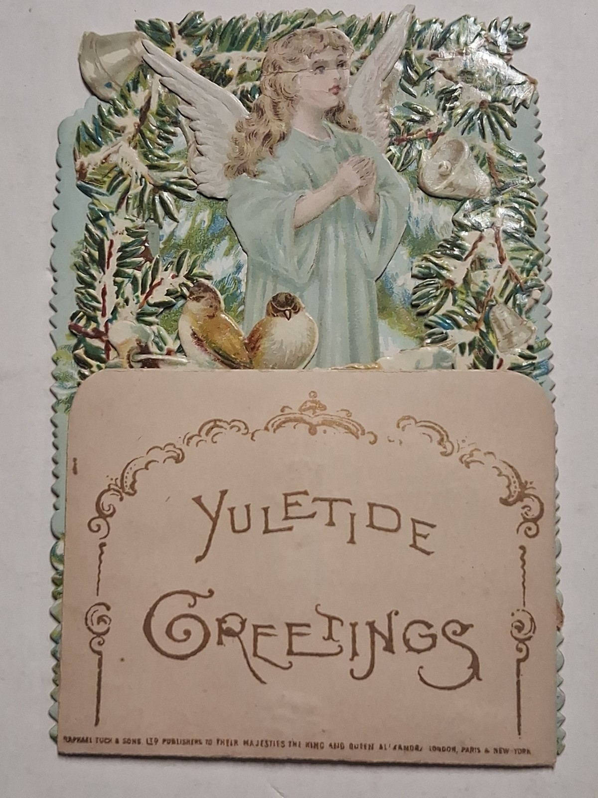 1880s-90s RAPHAEL TUCK Sons ANGEL FOLDOUT Embossed Christmas Praying BIRDS 3x5