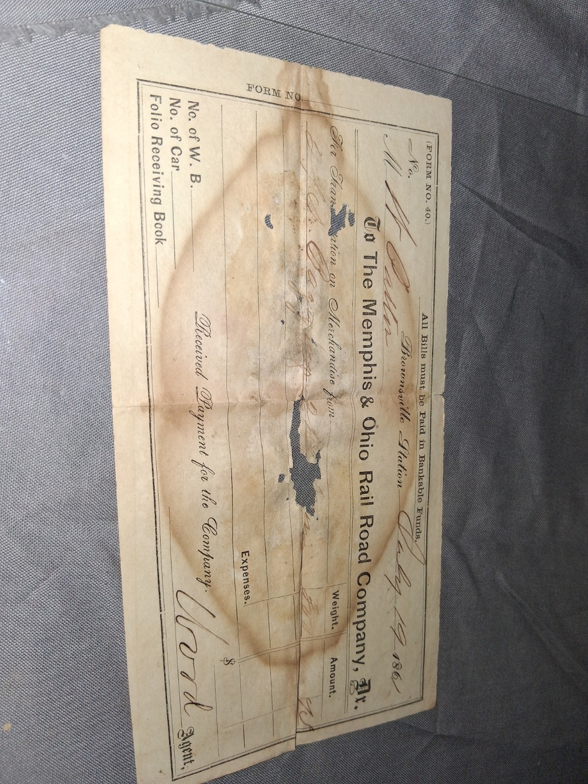 1861 Civil War Memphis & Ohio Railroad Freight Receipt Brownsville TN Lot 122 1861 Civil War Memphis & Ohio Railroad Freight Receipt Brownsville TN Lot 122