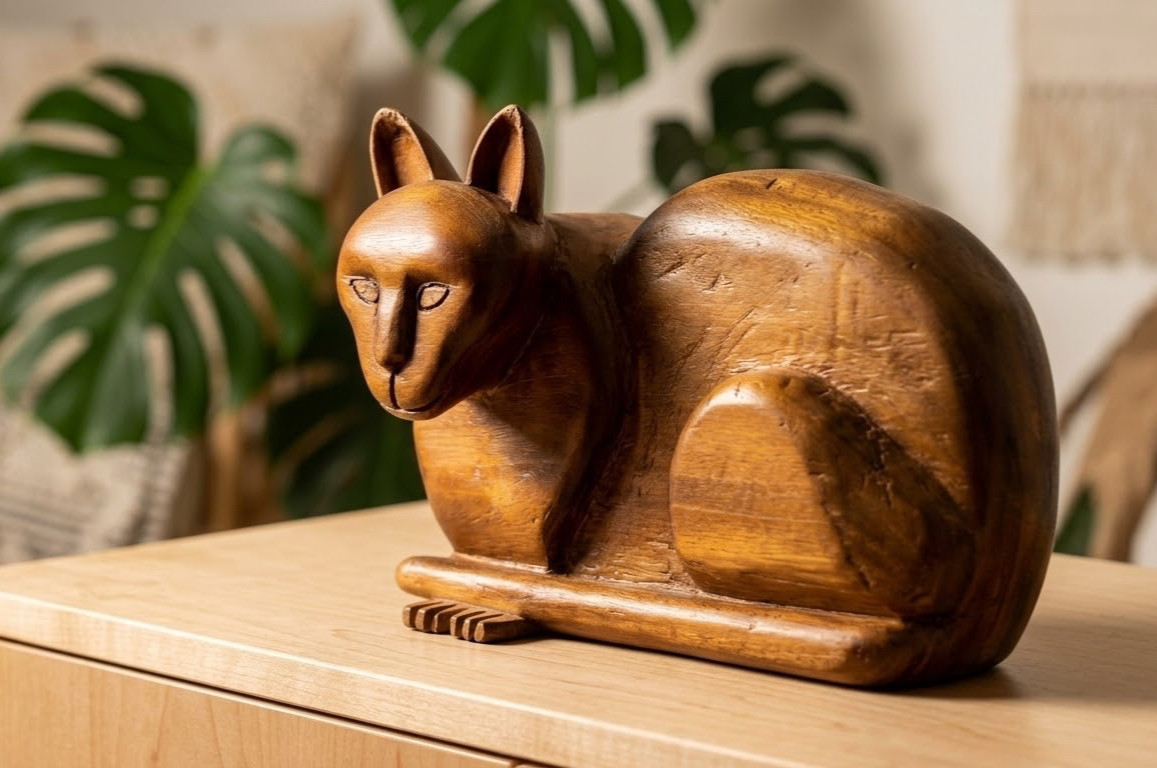 Vintage ‘78 Hand Carved Monkey Pod Wood Kitty Cat Statue Signed BM 78 Chunky 4lb