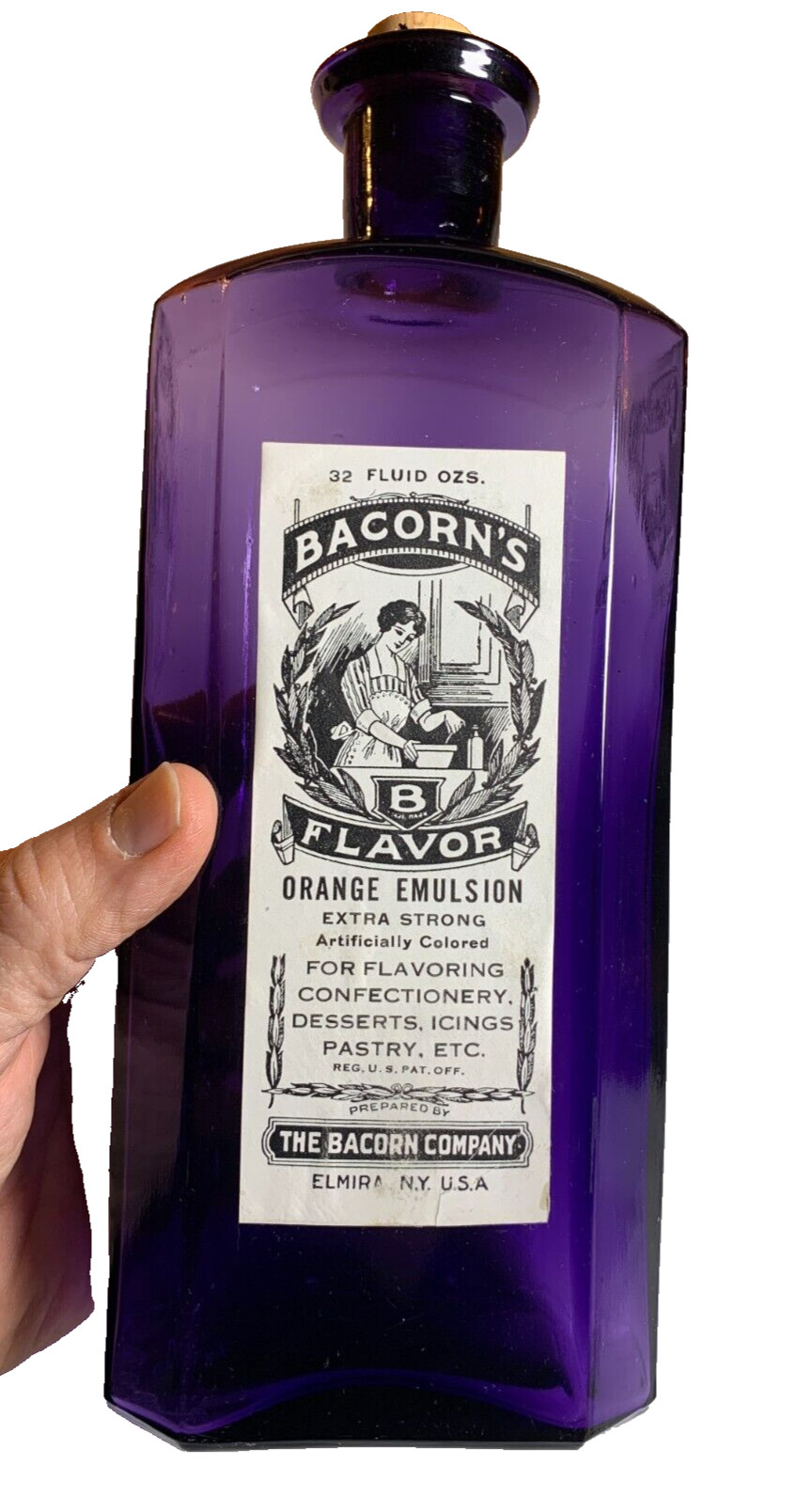 Antique Bacorn\'s EMBOSSED LABELED Purple EXTRACT Bottle ELMIRA New York NY