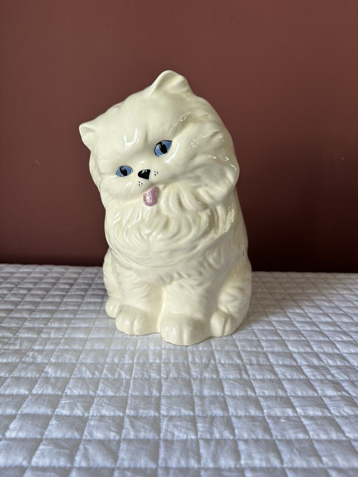 Vintage Persian Large White Ceramic Cat 10 Inch Blue Eyes Sitting Statue Hollow
