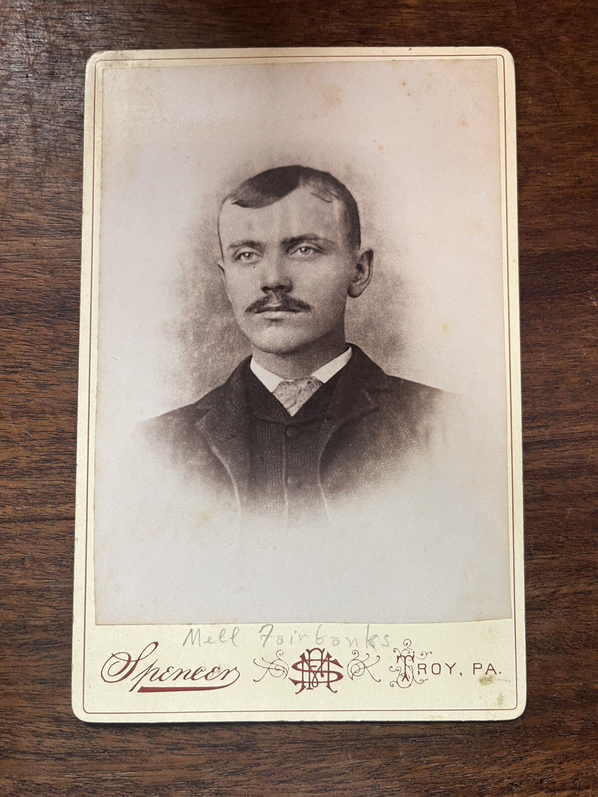 Antique Photograph Cabinet Card Handsome Man  Mustache Named Mell Fairbanks
