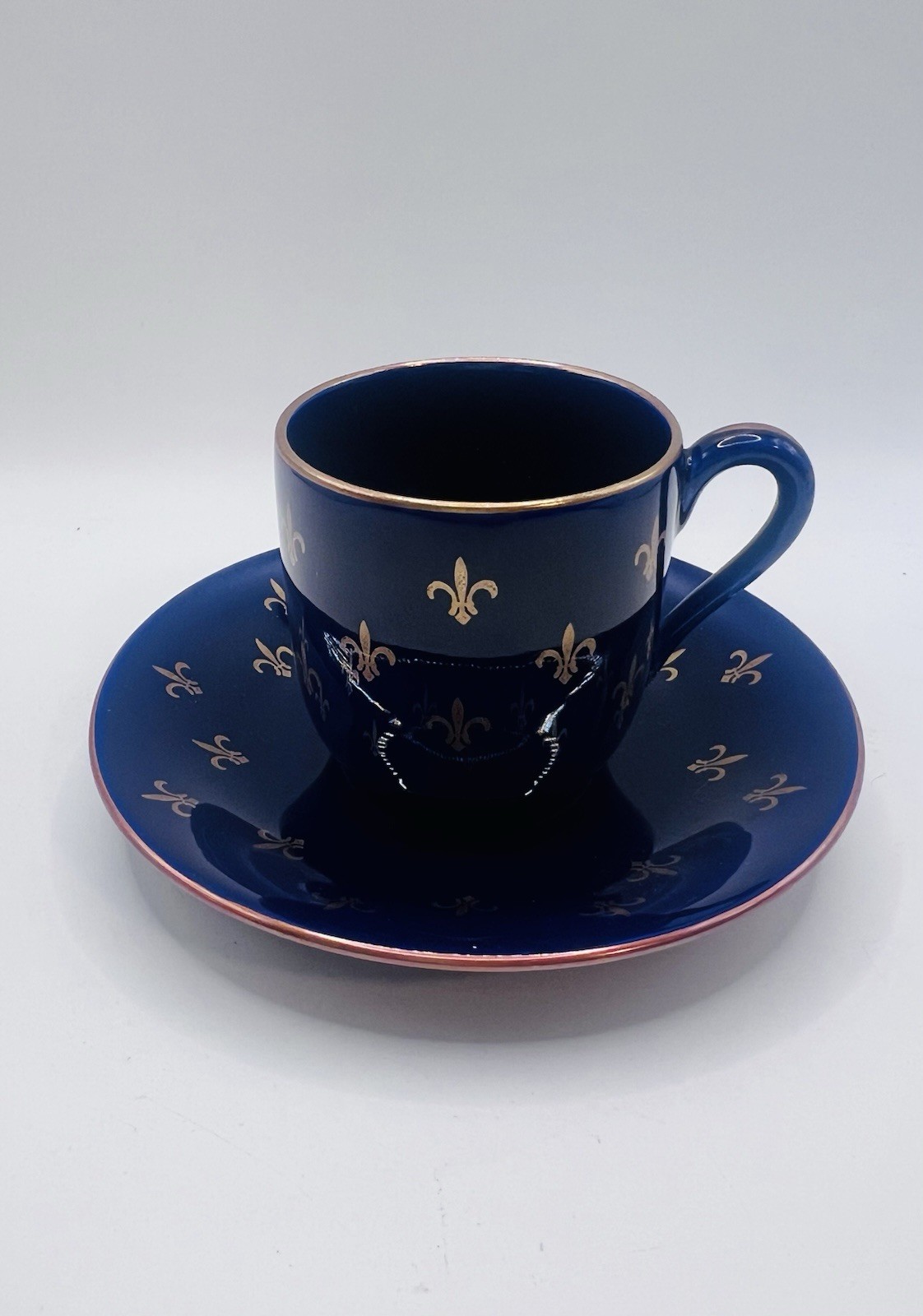 Vinatge Rorstrand Fleur De Lis Blue Gold Demitasse Espresso Cup & Saucer Sweden