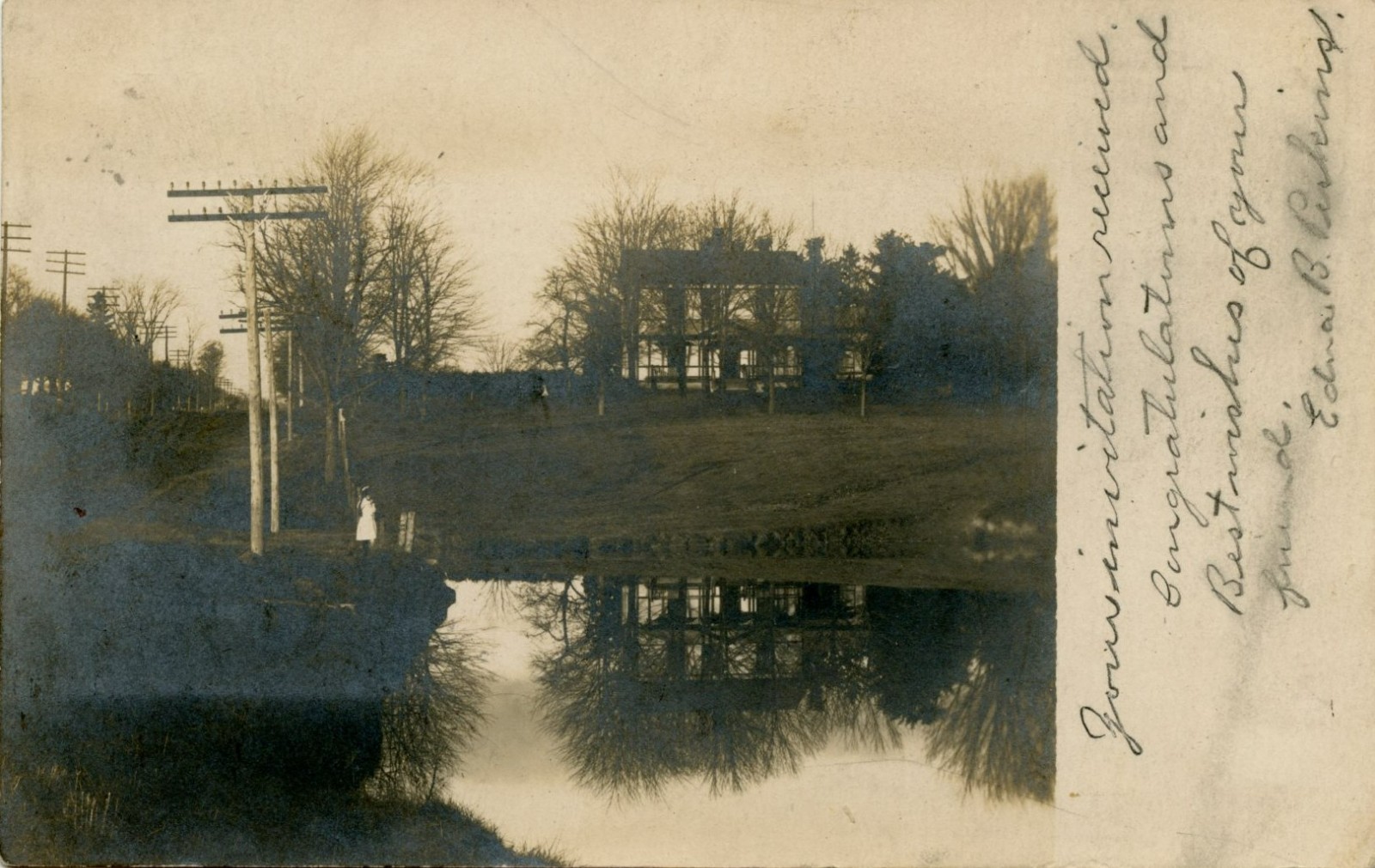 WELLINGTON, OHIO POSTCARD - 1905 RPPC - TREES, WATER, PEOPLE