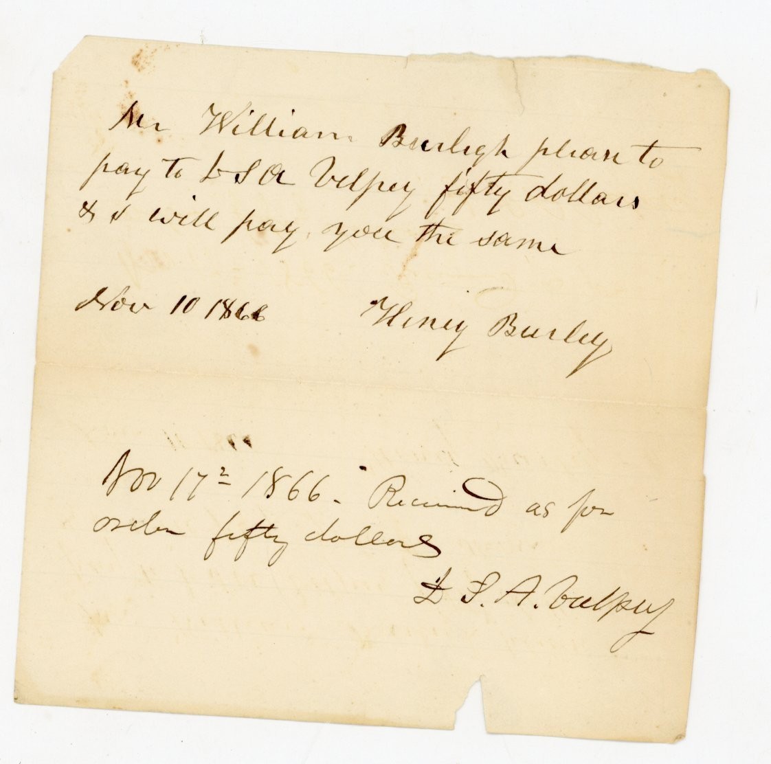 Antique 1866 Handwritten Financial Order Promissory Note Henry William Burleigh Antique 1866 Handwritten Financial Order Promissory Note Henry William Burleigh