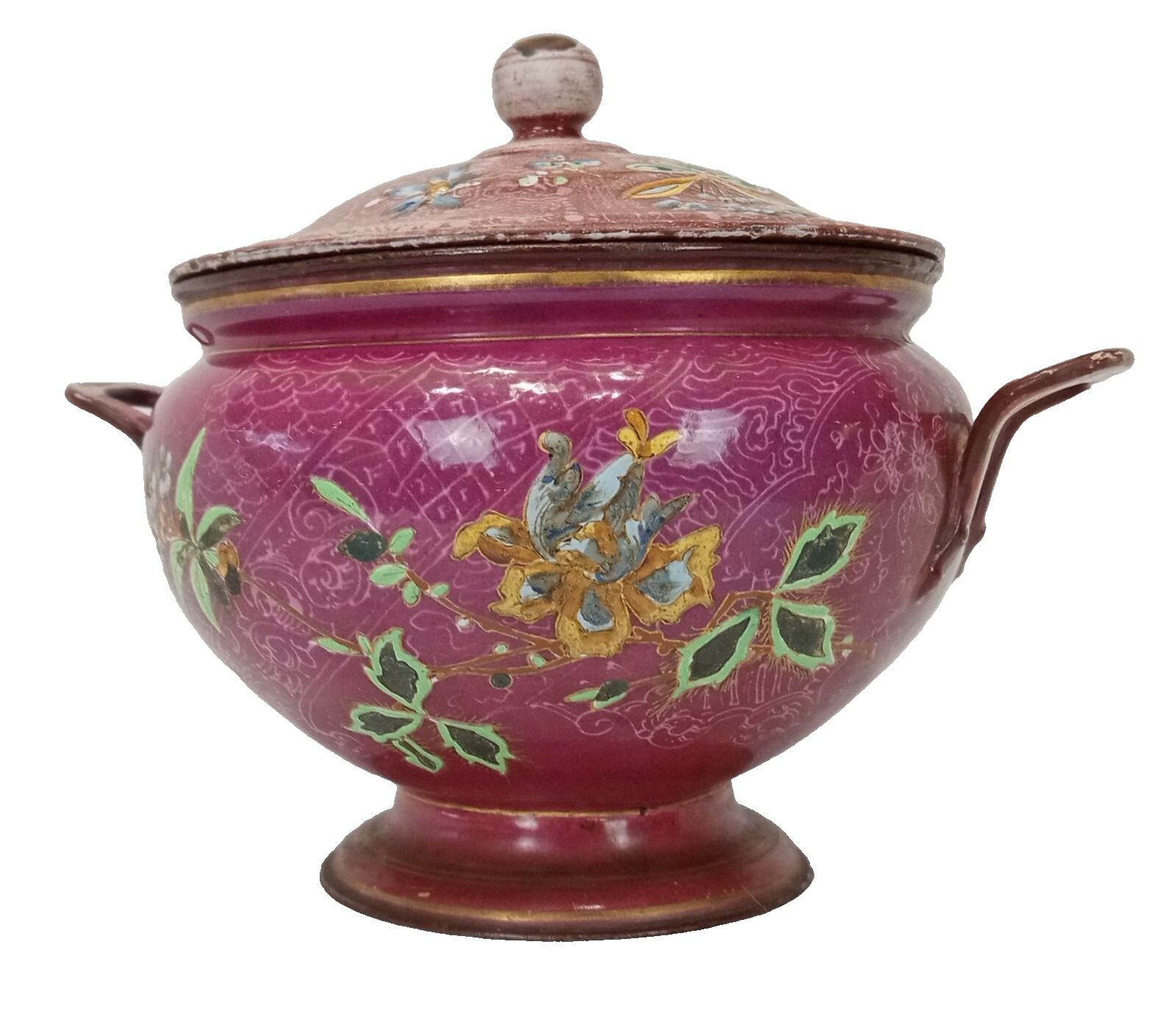 Antique Vieux Bruxelles  Handmade enameled metal Tolle soup tureen circa 1880
