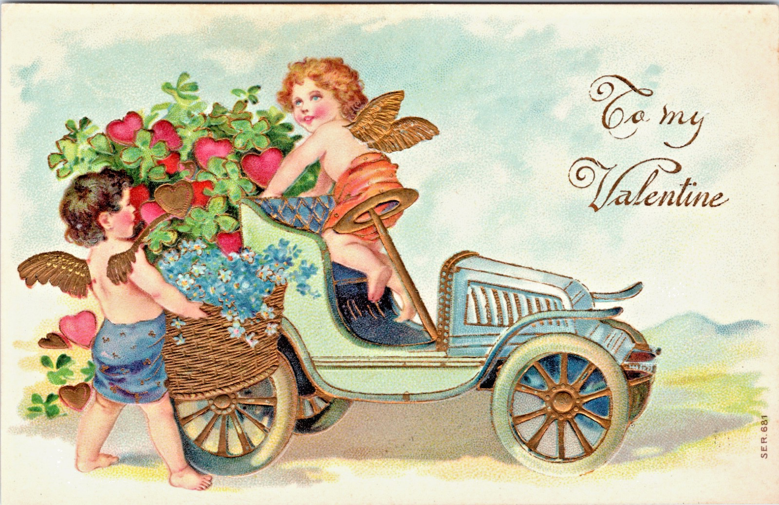 A/S Valentine Greeting Cherubs Cupids Old Car Gold Embossed P.U.19?? B-132 A/S Valentine Greeting Cherubs Cupids Old Car Gold Embossed P.U.19?? B-132