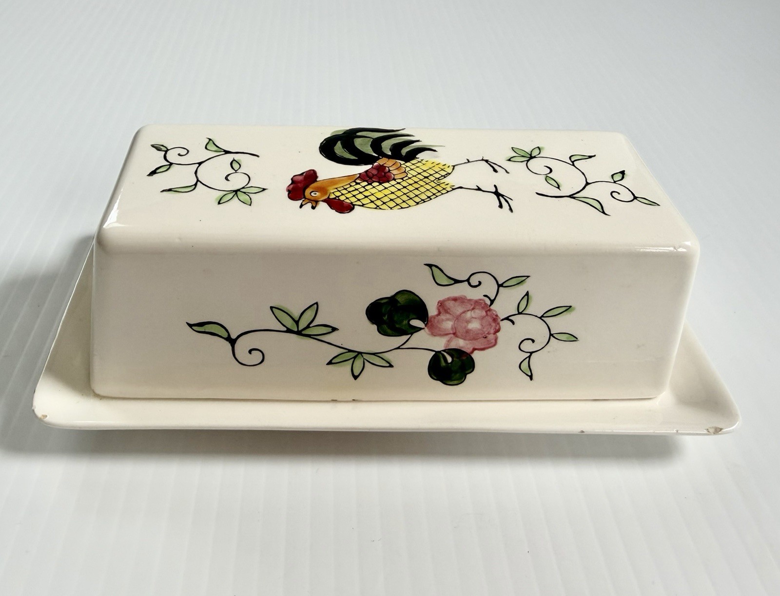 Vintage Hand Painted Ceramic Butter Dish Rooster Roses Farmhouse Chipped