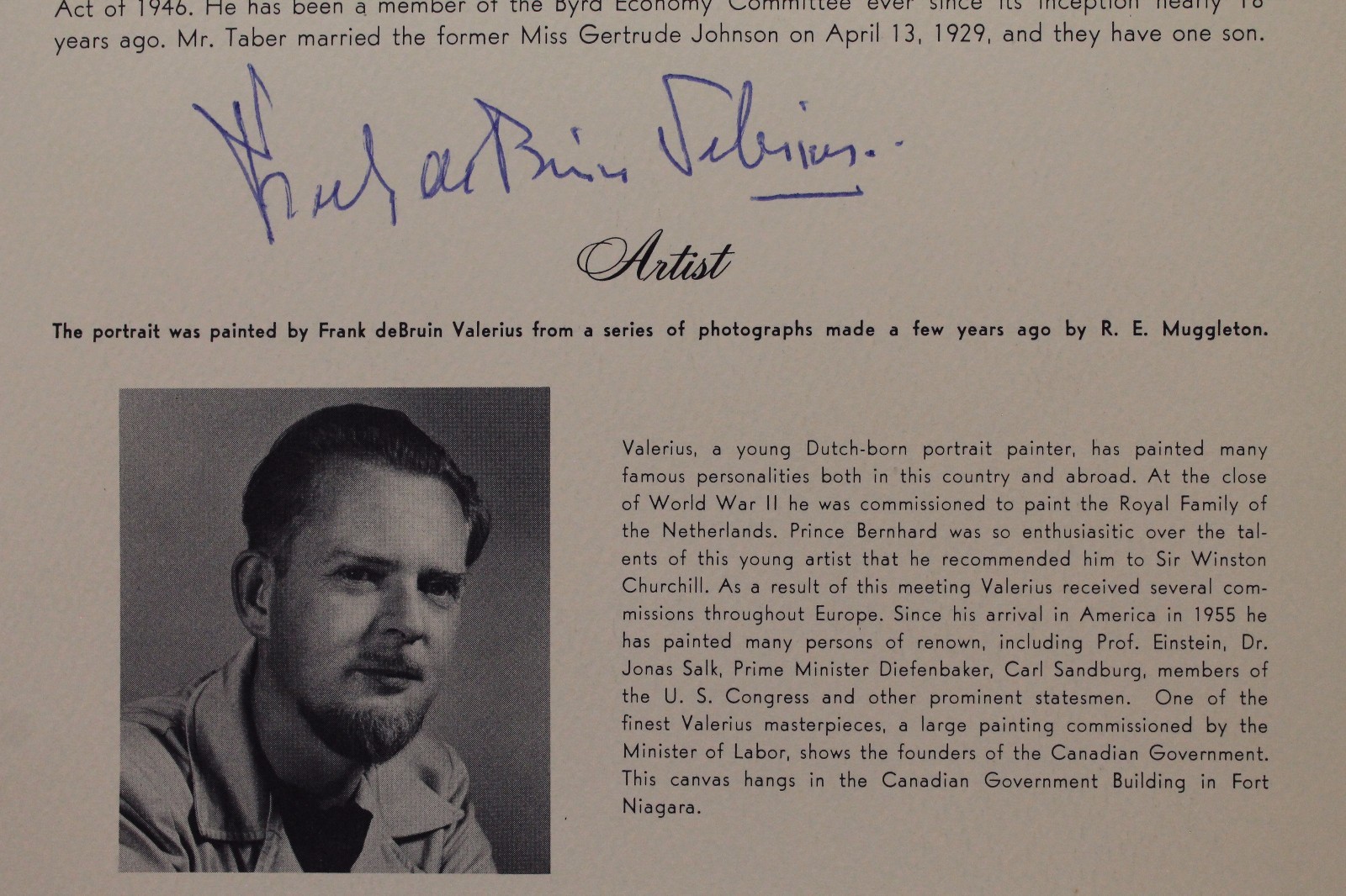 Master Painter Frank deBruin Valerius Signed John Taber Info Sheet Autograph JB8