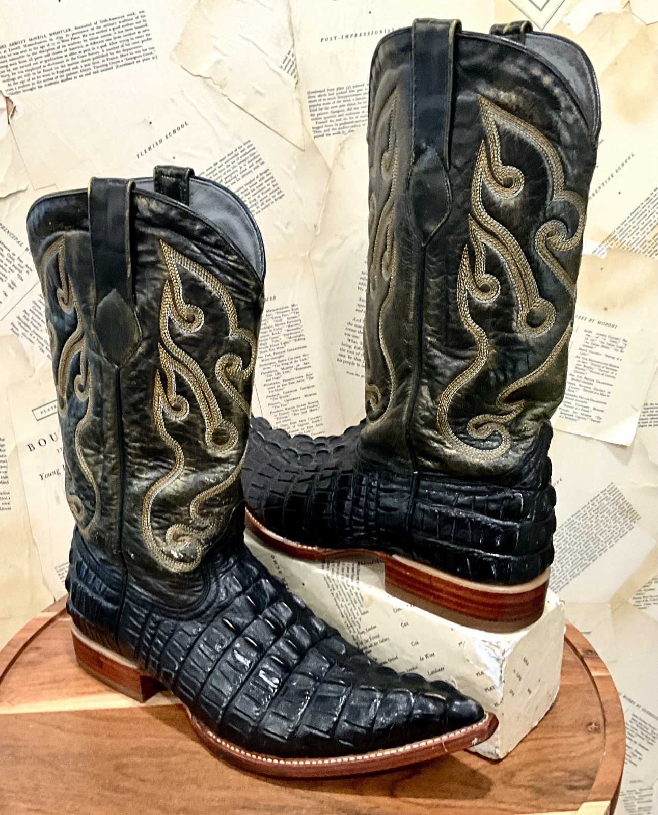 VTG Los Altos Mens Genuine Crocidile Tail Cowboy Boots 10 EE Wide Black Y2K EUC