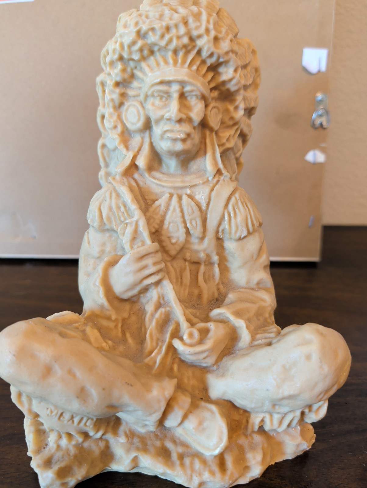 Vintage American Indian  Sitting Chief Statue Mission Swirl Clay 9 inches tall