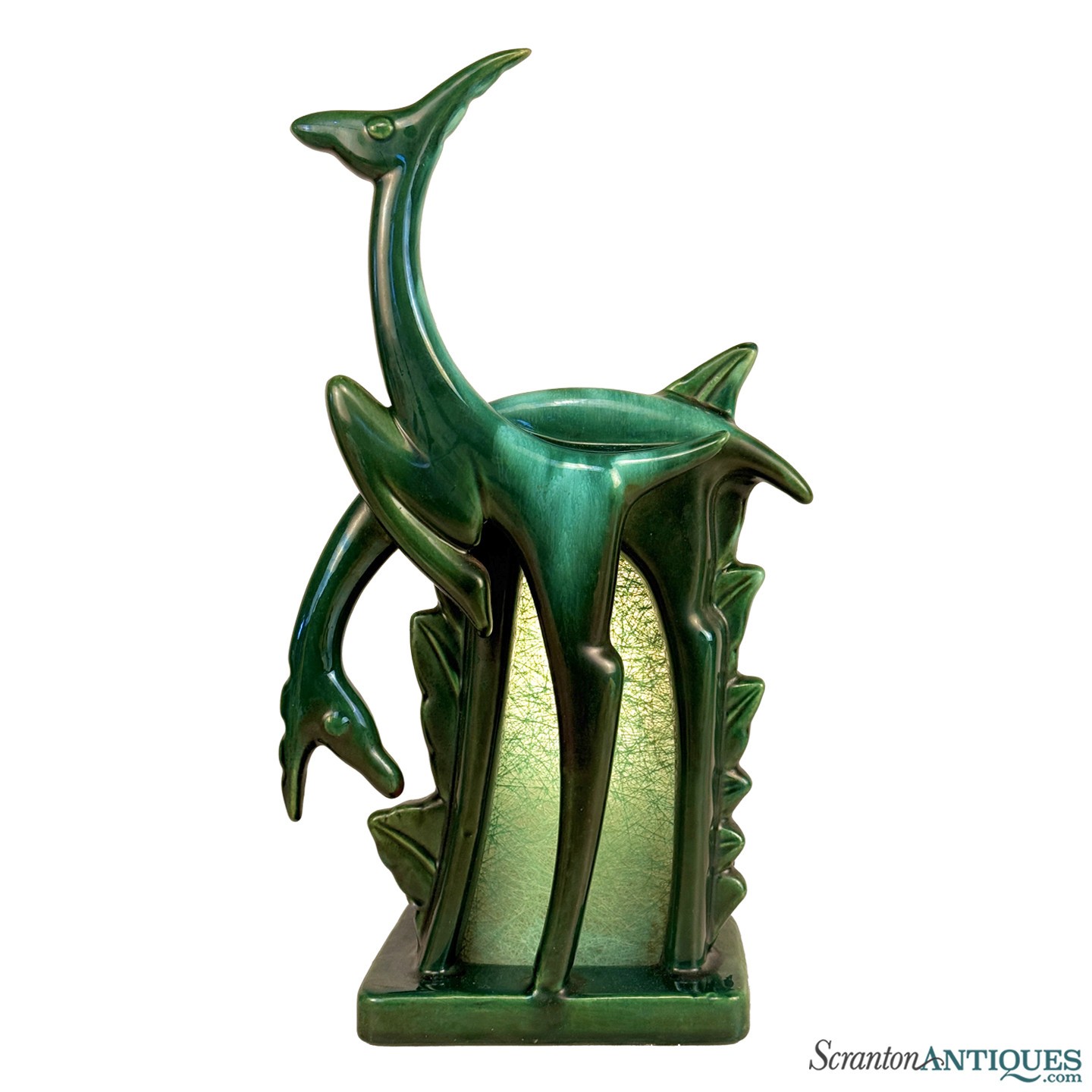 Mid-Century Abstract Art Deco Green Ceramic Gazelle TV Lamp