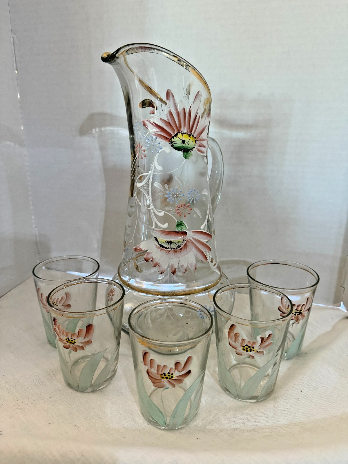 Antique 19th Century Enamel Painted Victorian Art Glass Pitcher/Tumblers 14