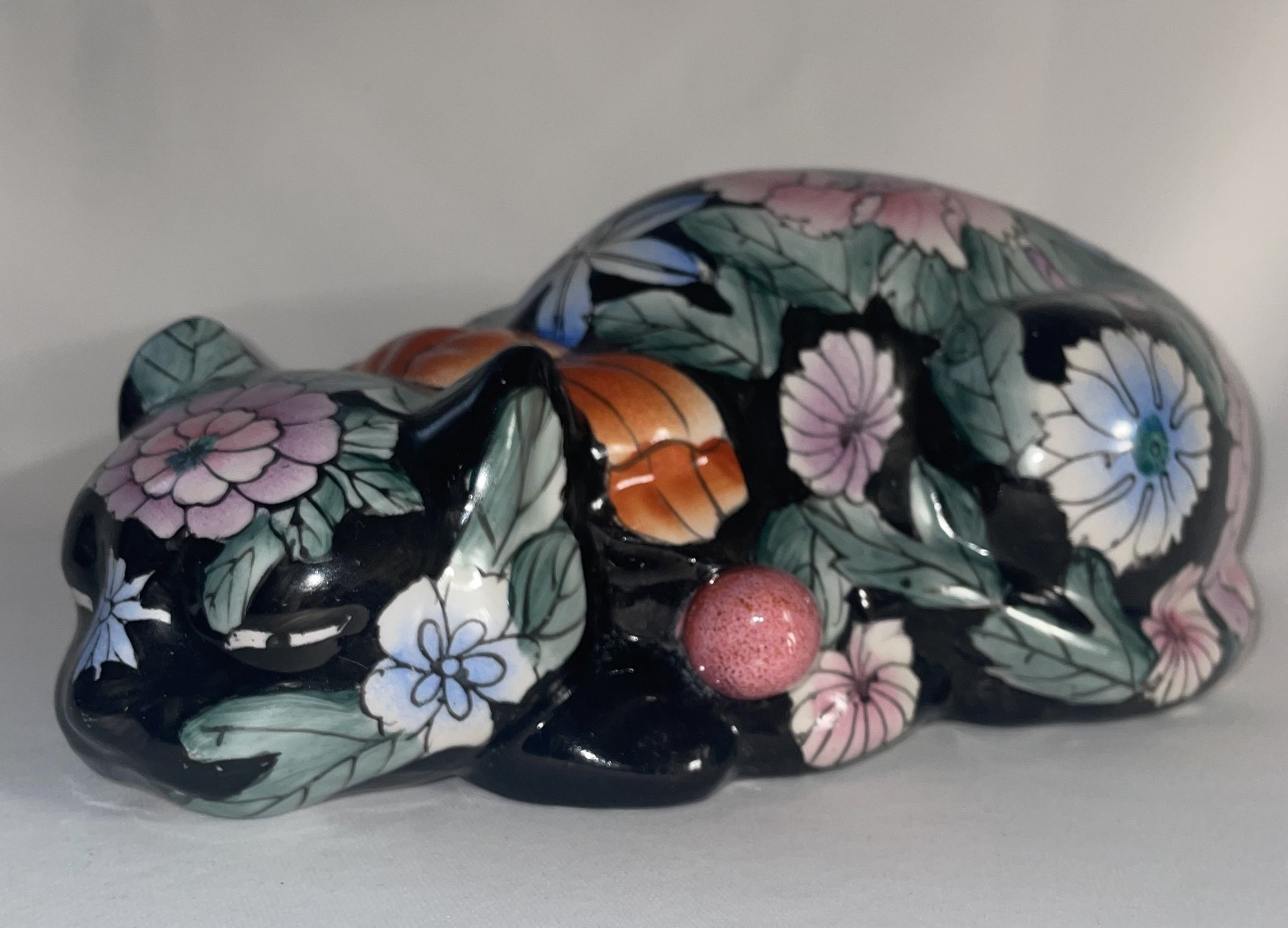 Asian Vintage H.F.P. Macau Style Ceramic Floral Sleeping Cat Unmarked