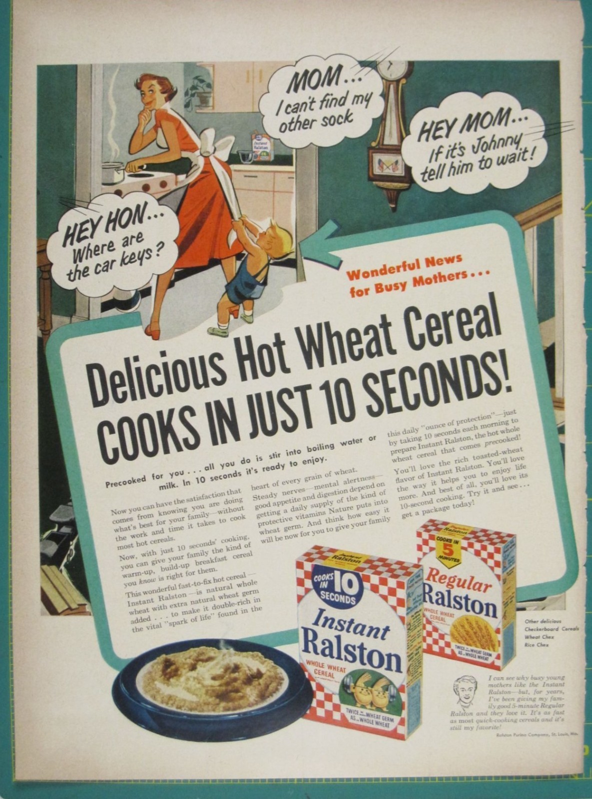 Print Ad Delicious Hot Wheat Cereal Instant Ralston Kitchen Decor MOD Mothers 19