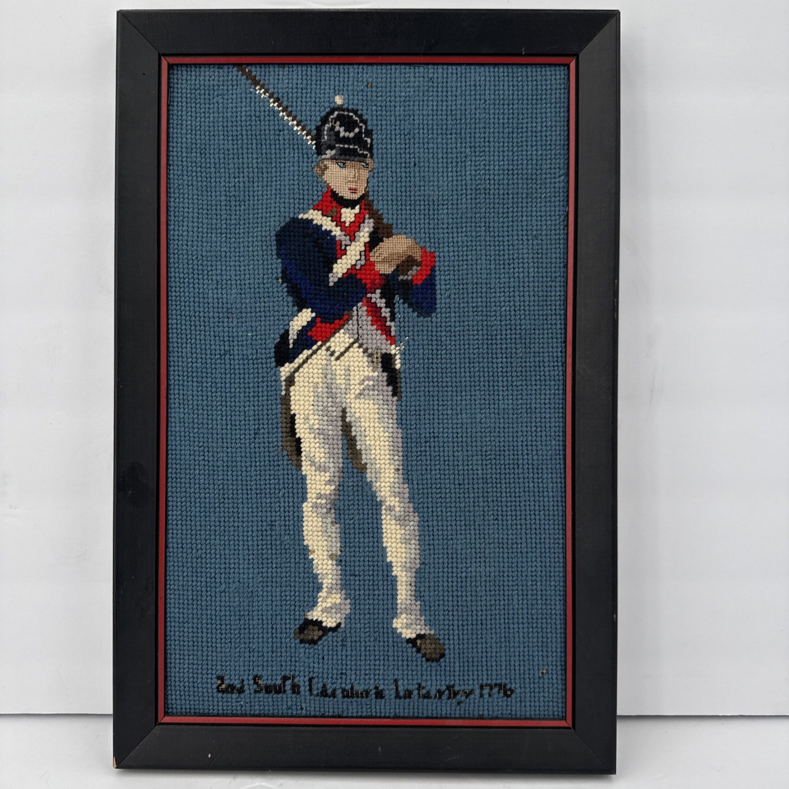 Vtg Framed Revolutionary War Soldier Needlepoint 1776 Colonial Rifleman Wall Art