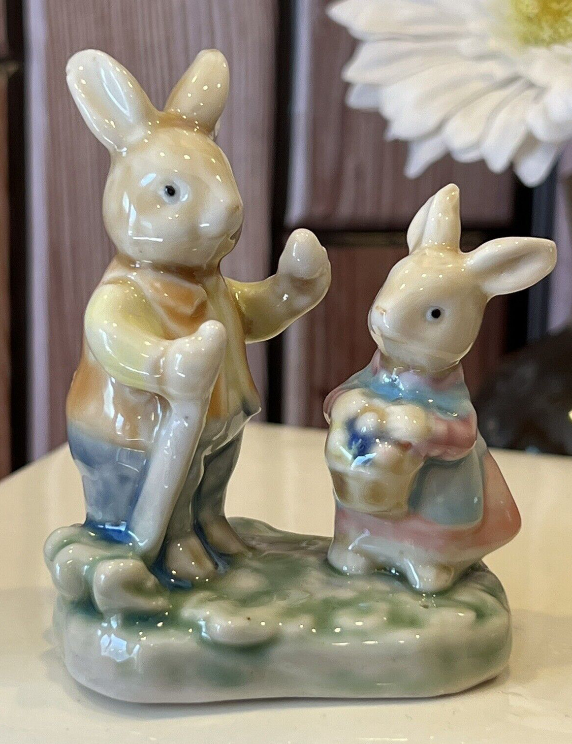 Vintage Albert Kessler Rabbit Family Figurine Dad & Child with Easter Egg Basket