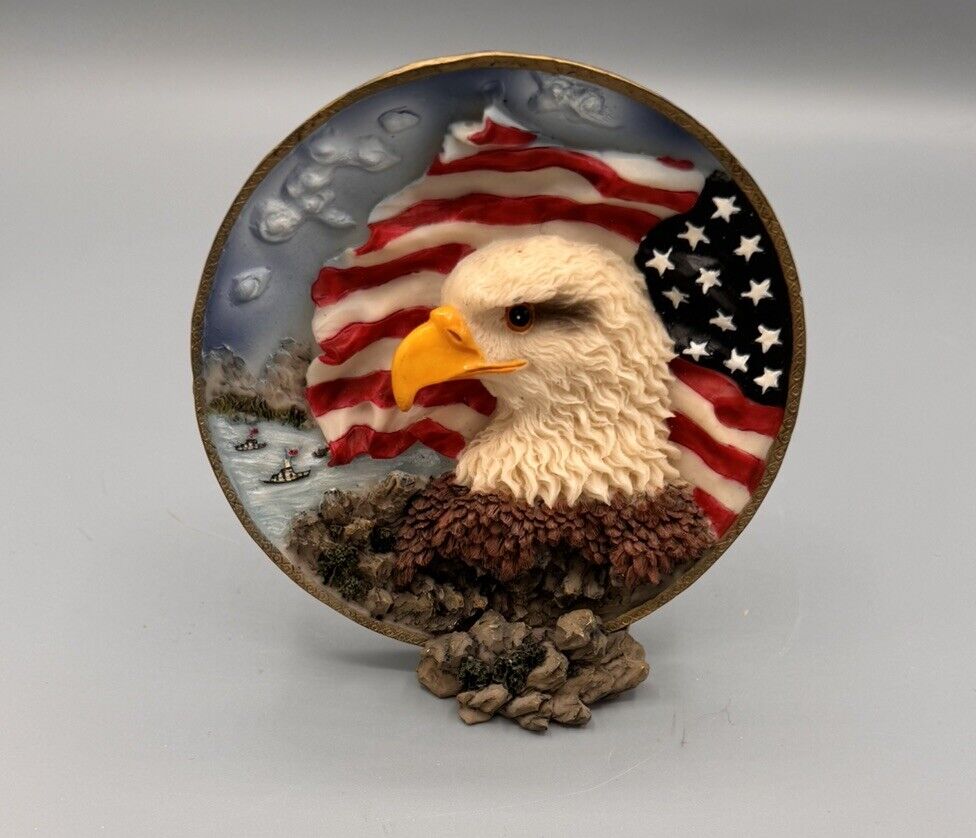 Vintage Patriotic Eagle American Flag 5” Round Wall Hanging Decorative Plate